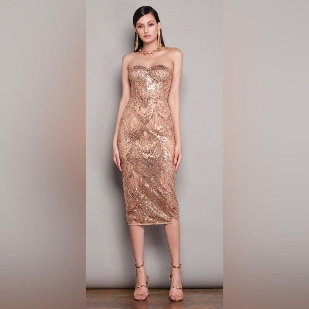 Bronx and Banco Rose Gold Sequin Strapless Midi Dress - Picture 5 of 12
